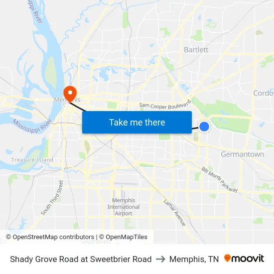 Shady Grove Road at Sweetbrier Road to Memphis, TN map