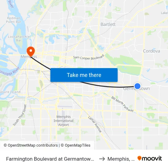 Farmington Boulevard at Germantown Road to Memphis, TN map