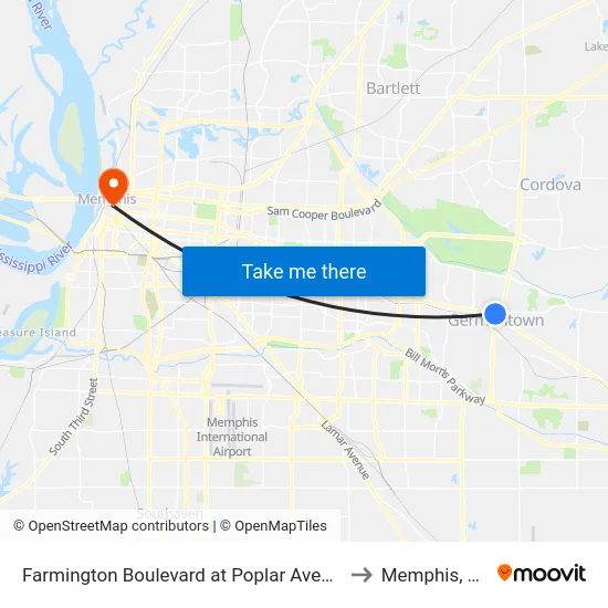 Farmington Boulevard at Poplar Avenue to Memphis, TN map