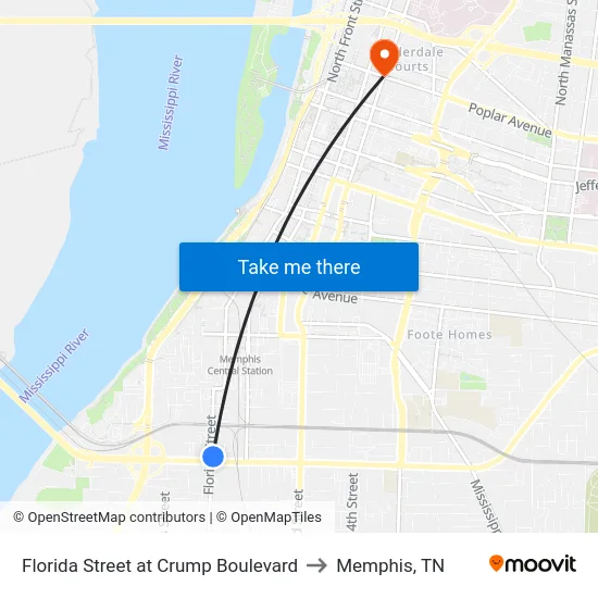 Florida Street at Crump Boulevard to Memphis, TN map