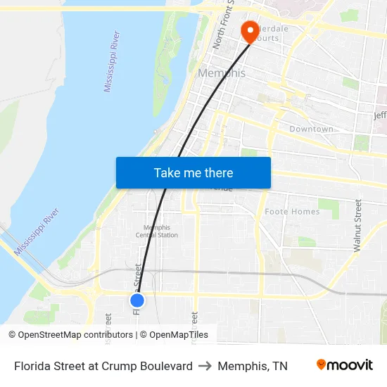 Florida Street at Crump Boulevard to Memphis, TN map