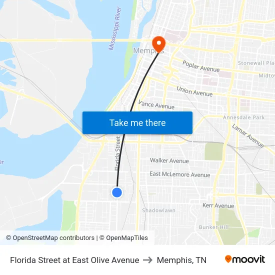 Florida Street at East Olive Avenue to Memphis, TN map