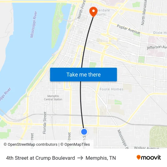 4th Street at Crump Boulevard to Memphis, TN map