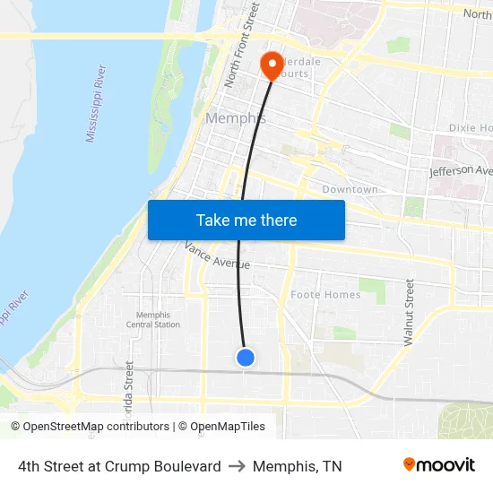 4th Street at Crump Boulevard to Memphis, TN map