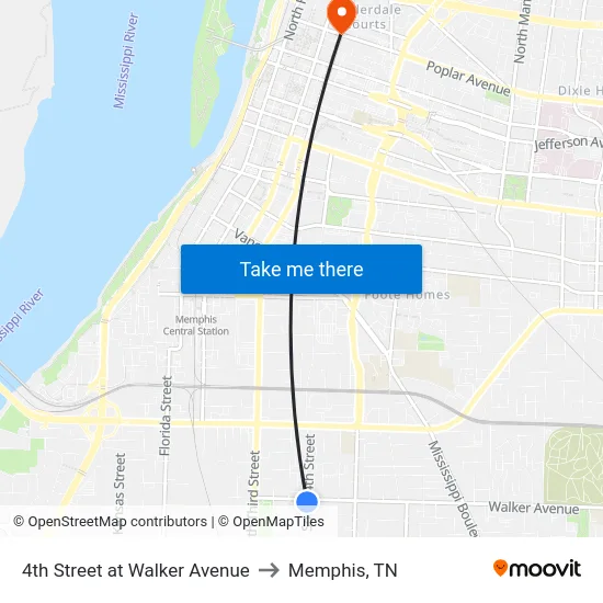 4th Street at Walker Avenue to Memphis, TN map