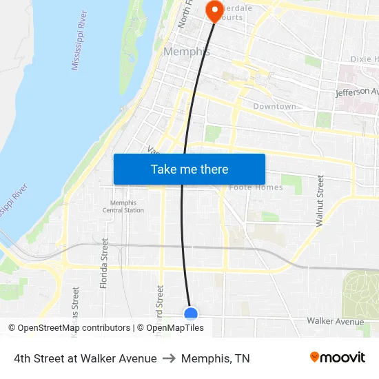 4th Street at Walker Avenue to Memphis, TN map