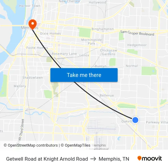 Getwell Road at Knight Arnold Road to Memphis, TN map