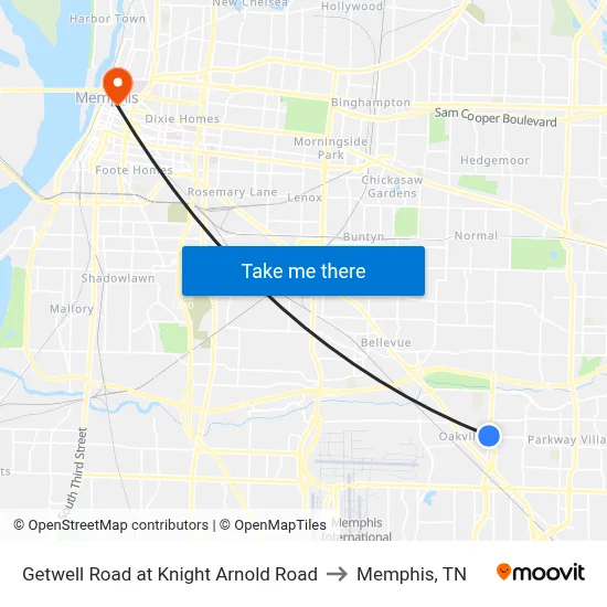 Getwell Road at Knight Arnold Road to Memphis, TN map