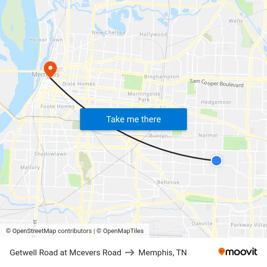 Getwell Road at Mcevers Road to Memphis, TN map