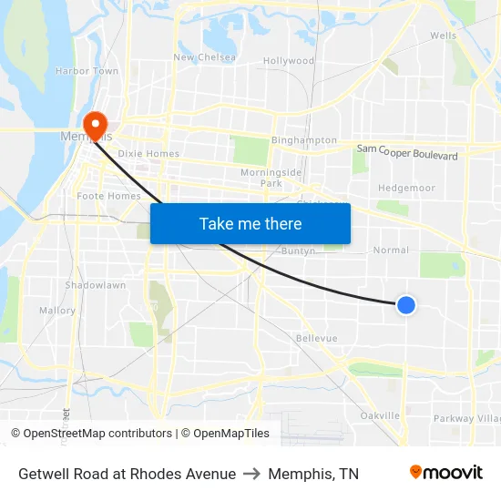 Getwell Road at Rhodes Avenue to Memphis, TN map