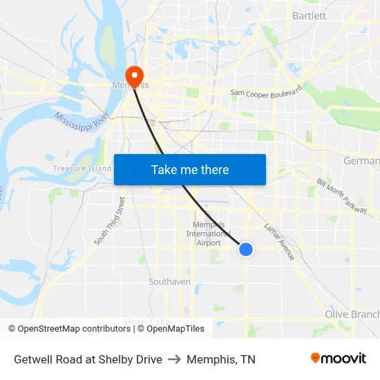 Getwell Road at Shelby Drive to Memphis, TN map