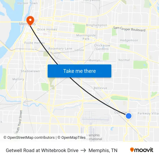 Getwell Road at Whitebrook Drive to Memphis, TN map