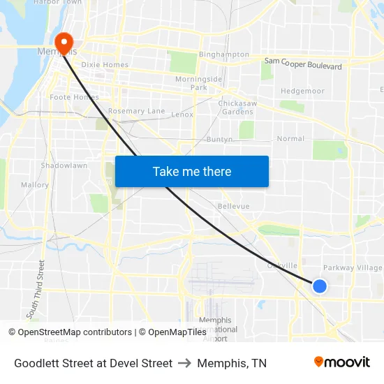 Goodlett Street at Devel Street to Memphis, TN map
