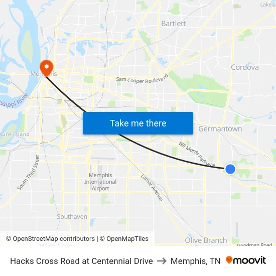 Hacks Cross Road at Centennial Drive to Memphis, TN map