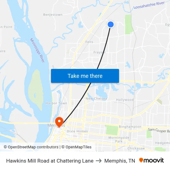 Hawkins Mill Road at Chattering Lane to Memphis, TN map
