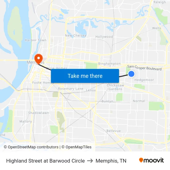 Highland Street at Barwood Circle to Memphis, TN map