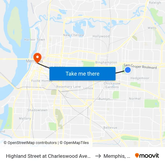 Highland Street at Charleswood Avenue to Memphis, TN map