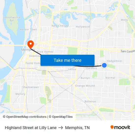 Highland Street at Lilly Lane to Memphis, TN map