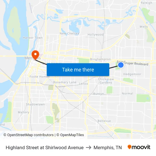 Highland Street at Shirlwood Avenue to Memphis, TN map