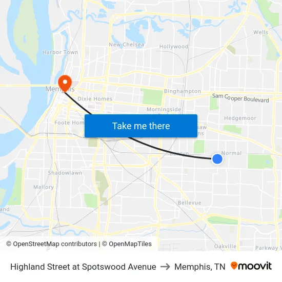 Highland Street at Spotswood Avenue to Memphis, TN map