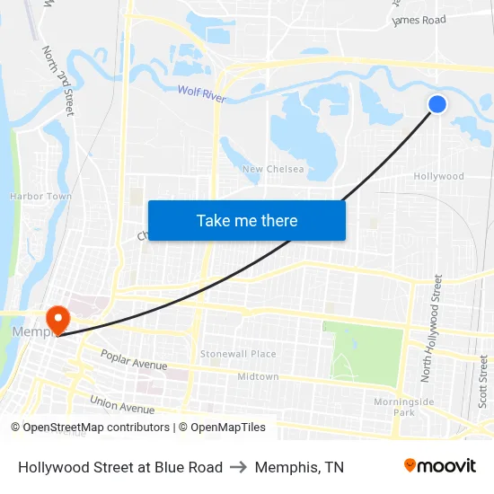 Hollywood Street at Blue Road to Memphis, TN map