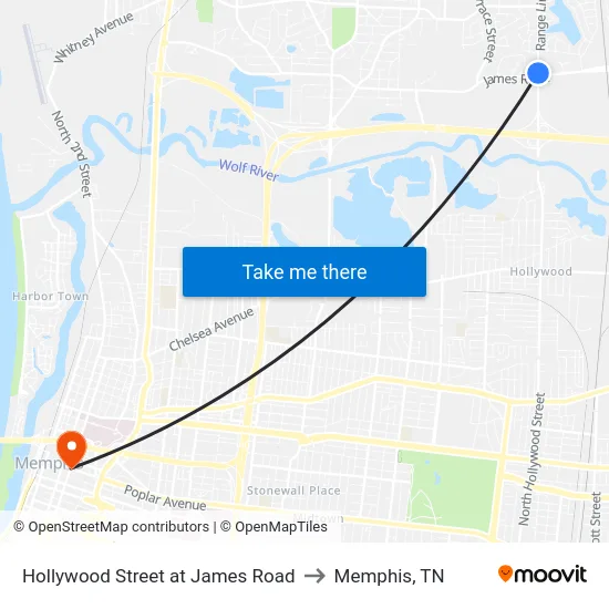 Hollywood Street at James Road to Memphis, TN map