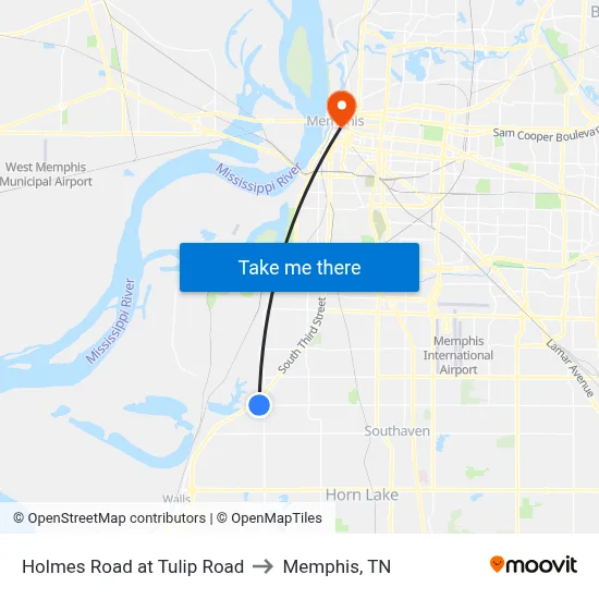 Holmes Road at Tulip Road to Memphis, TN map
