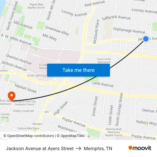 Jackson Avenue at Ayers Street to Memphis, TN map