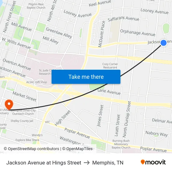 Jackson Avenue at Hings Street to Memphis, TN map