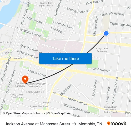 Jackson Avenue at Manassas Street to Memphis, TN map