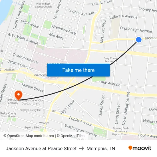 Jackson Avenue at Pearce Street to Memphis, TN map
