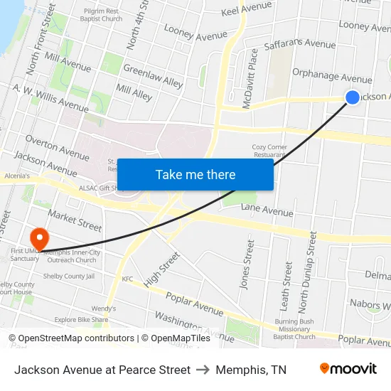 Jackson Avenue at Pearce Street to Memphis, TN map