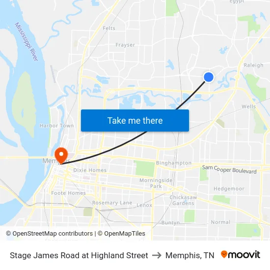 Stage James Road at Highland Street to Memphis, TN map