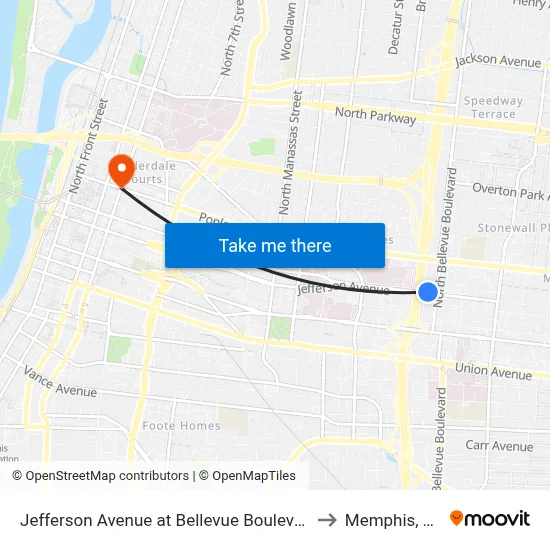 Jefferson Avenue at Bellevue Boulevard to Memphis, TN map