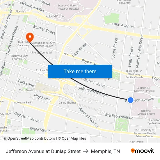 Jefferson Avenue at Dunlap Street to Memphis, TN map