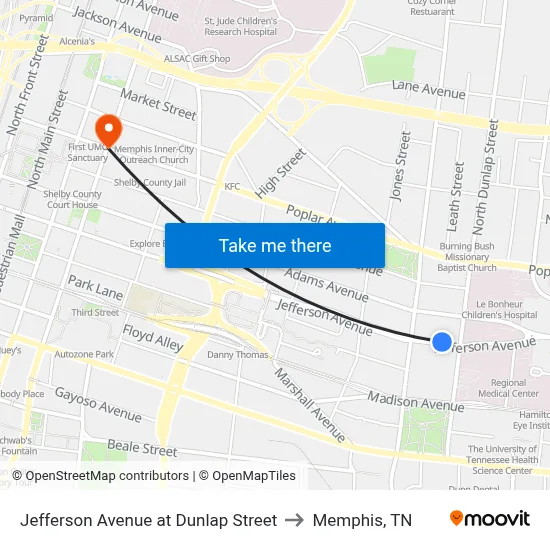 Jefferson Avenue at Dunlap Street to Memphis, TN map