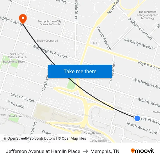 Jefferson Avenue at Hamlin Place to Memphis, TN map