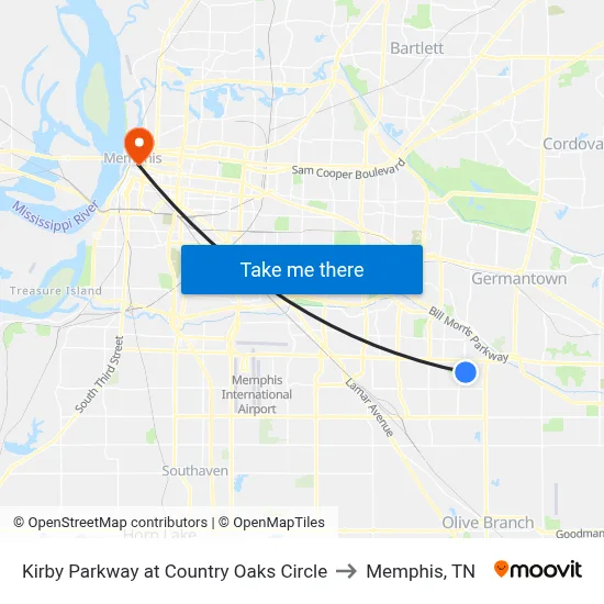 Kirby Parkway at Country Oaks Circle to Memphis, TN map