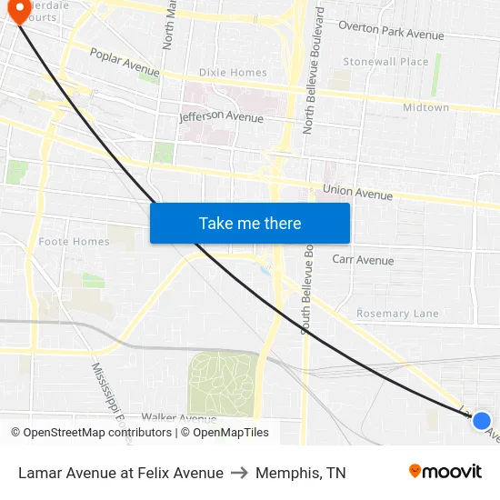 Lamar Avenue at Felix Avenue to Memphis, TN map