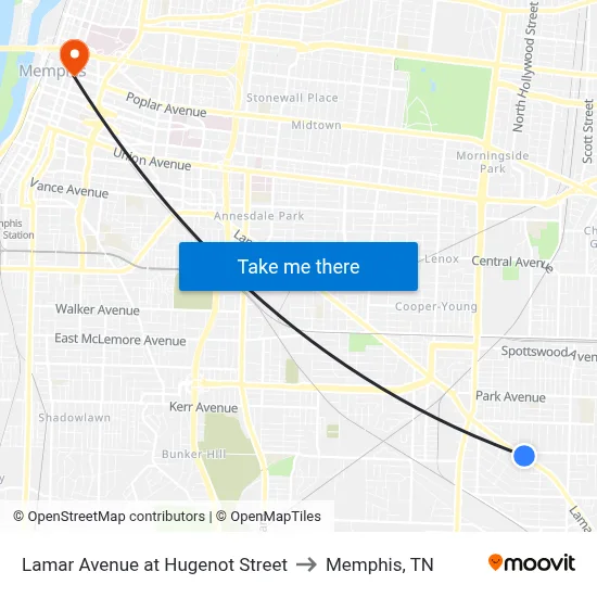 Lamar Avenue at Hugenot Street to Memphis, TN map