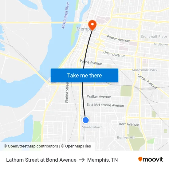 Latham Street at Bond Avenue to Memphis, TN map