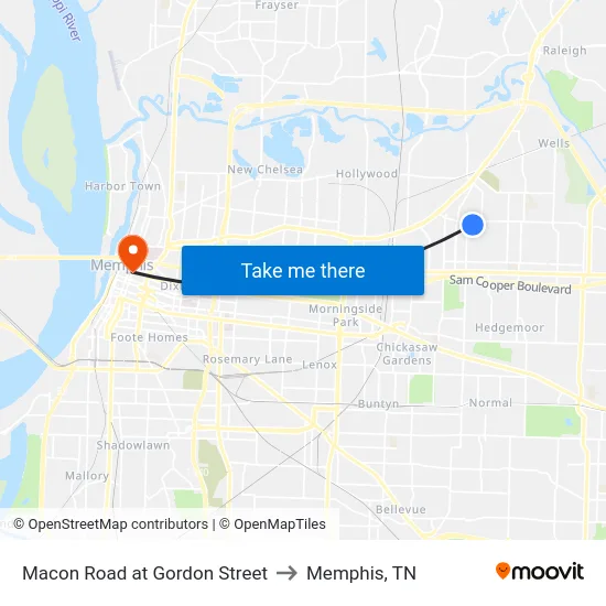 Macon Road at Gordon Street to Memphis, TN map