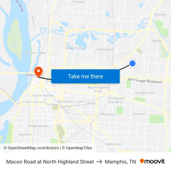 Macon Road at North Highland Street to Memphis, TN map