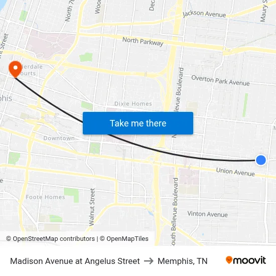 Madison Avenue at Angelus Street to Memphis, TN map