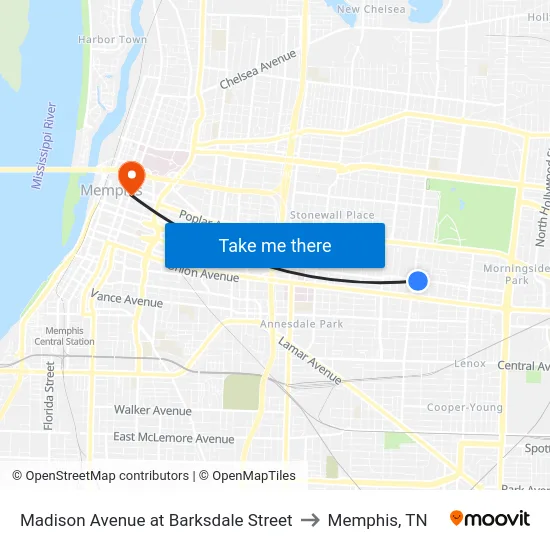 Madison Avenue at Barksdale Street to Memphis, TN map