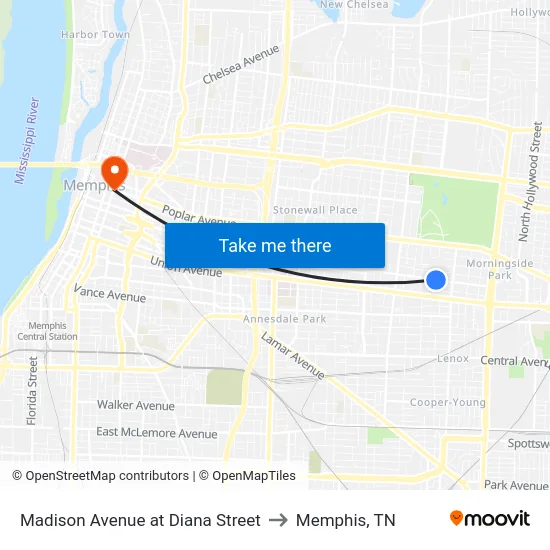 Madison Avenue at Diana Street to Memphis, TN map