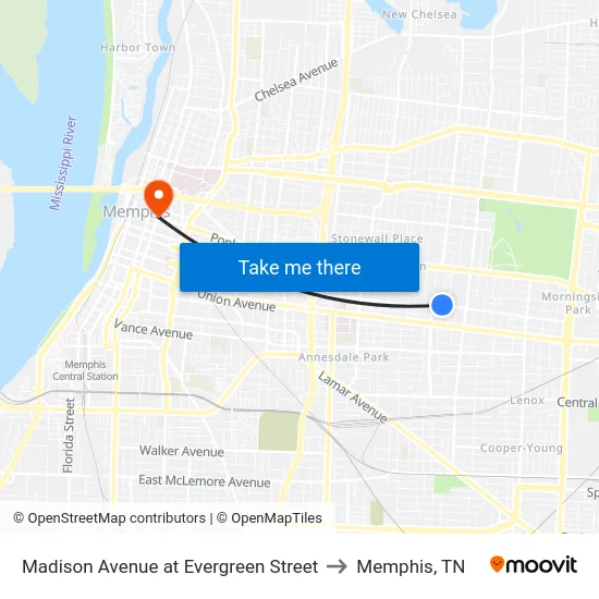 Madison Avenue at Evergreen Street to Memphis, TN map