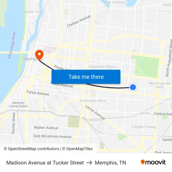 Madison Avenue at Tucker Street to Memphis, TN map
