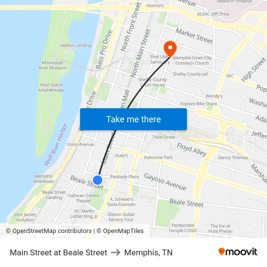 Main Street at Beale Street to Memphis, TN map