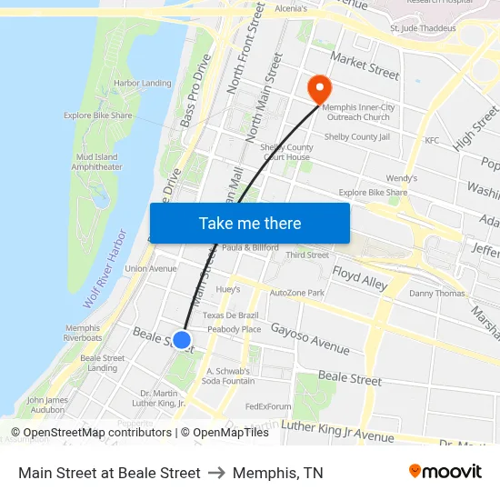 Main Street at Beale Street to Memphis, TN map